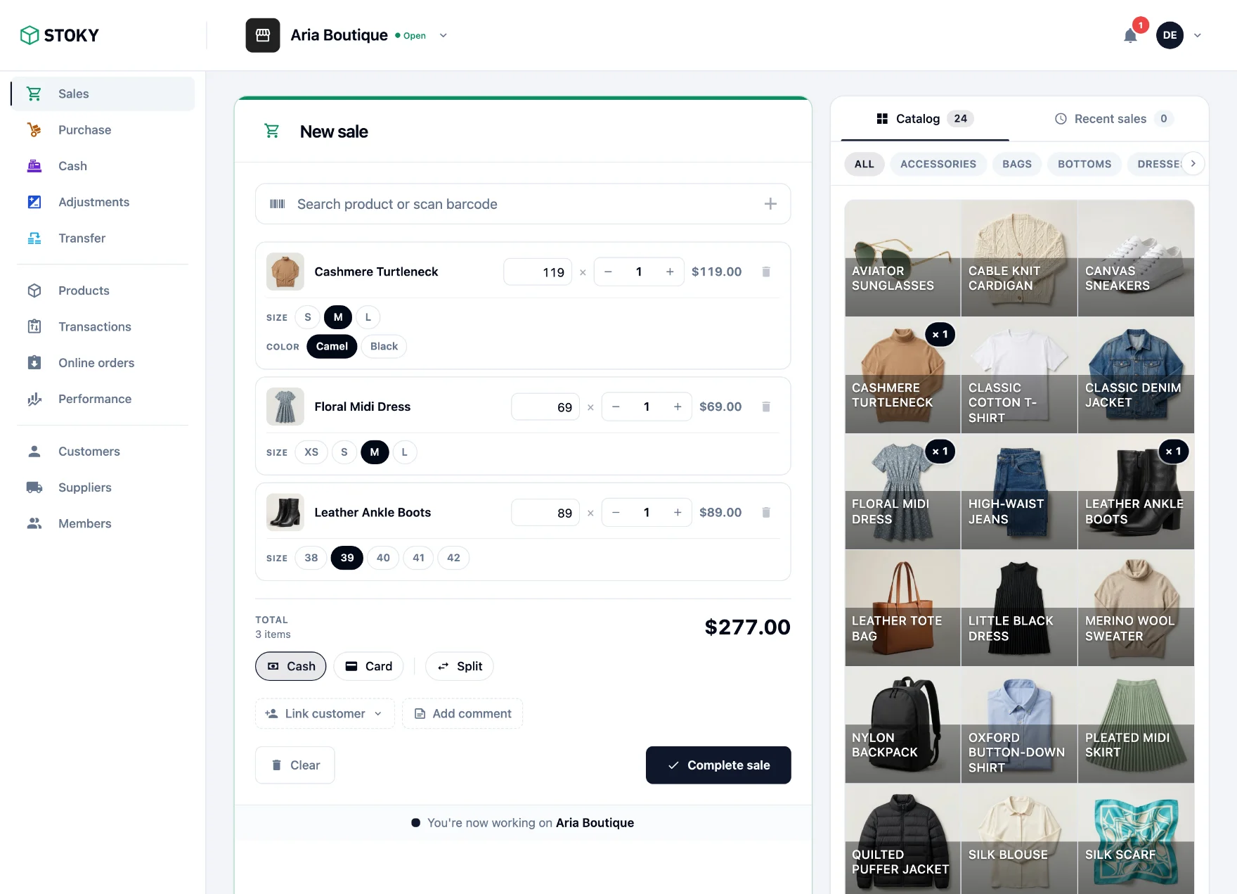 The Stoky sales screen with a sale in progress