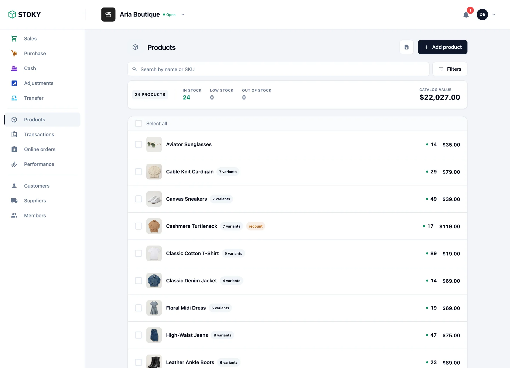 The Stoky products list showing stock counts and catalog value